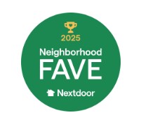Green circular Nextdoor Neighborhood FAVE badge with trophy icon and '2025' text on a green circle